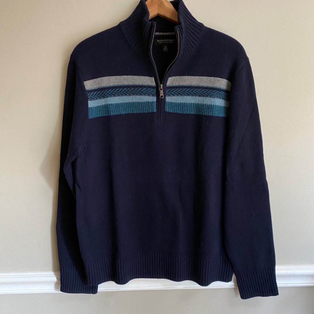Banana Republic Mens Pullover 1/4 Zip Merino Wool Blend Sweater Collar Size M - Picture 3 of 7